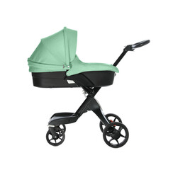 Baby carriage. Modern pram with aquamarine color canopy isolated on white