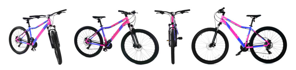Color bicycle on white background, collage. View from different sides