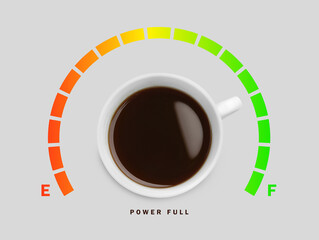 Coffee and power gauge scale on light grey background, top view. Handle of cup pointing at Full area. Energizing property of caffeine