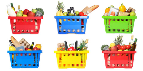 Shopping baskets with different products on white background, collage