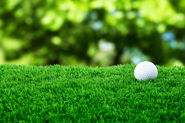 Golf ball on green grass outdoors, closeup