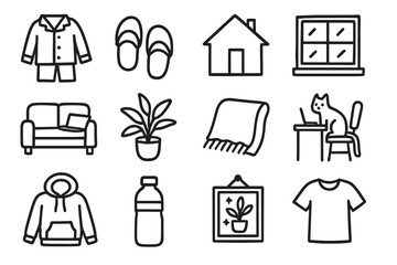 Cozy home essentials: pajamas, slippers, plants, cat, and more