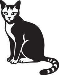 Sitting cat black and white silhouette, Calm feline pet art for decor