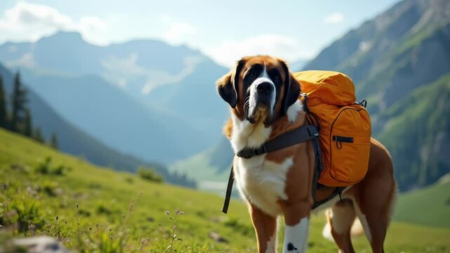 Saint Bernard with hiking backpack in stunning mountainous landscape during a sunny day