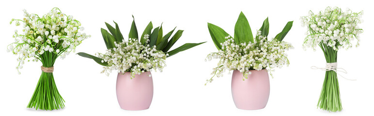 Aromatic bouquets of lily of the valley flowers isolated on white, collage