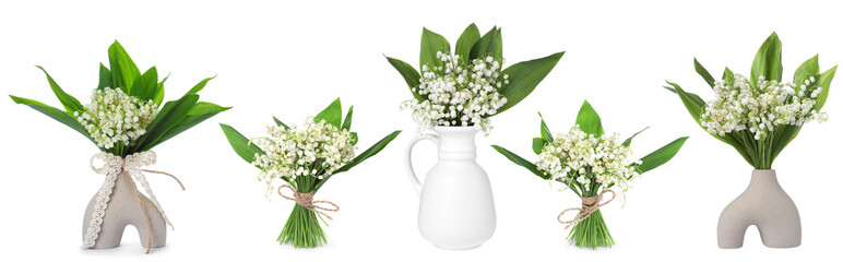 Aromatic bouquets of lily of the valley flowers isolated on white, collage