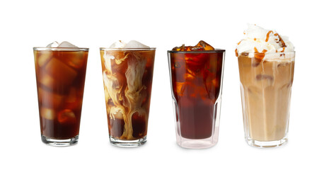 Refreshing iced coffee drinks in different glasses isolated on white, set