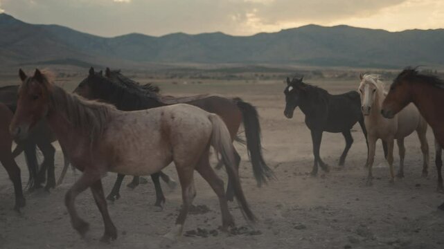 Wild horses running and grazing during sunset in the high desert mountains