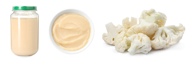 Baby food. Cauliflower puree and fresh vegetables on white background, collage