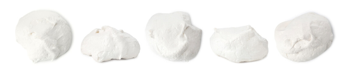 Yummy meringue cookies isolated on white, collage. Top and side view