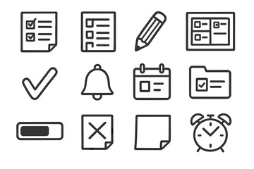 Task and reminder icons: checklist, bell, calendar, folder, clock, pencil, checkbox