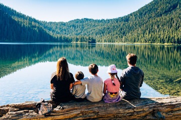 Family hiking, Paradise Meadows Loop Trail, Strathcona Provincial Park, Vancouver Island, BC, Canada