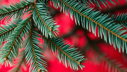 Shimmering evergreen boughs against a festive crimson backdrop, angled photoshot. White tone
