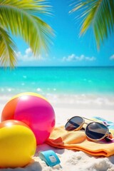 Obraz premium A vibrant summer scene featuring bright beach balls, colorful towels, and sunglasses on a sunny beach, evoking carefree summer fun , ocean, bright, sky