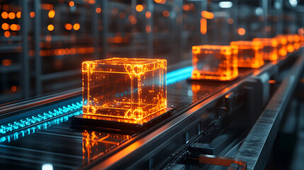 Futuristic technology concept with glowing cubes on conveyor belt for ai automation and industry