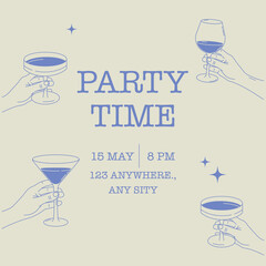 Minimalist party poster with hands holding glasses and the text “Party Time.” Perfect for invitations, flyers, events, and celebrations.
