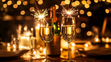 Celebration new year's eve champagne toast with sparklers and bokeh lights for festive holiday season party