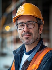 Male Construction Worker with Safety Helmet and Reflective Vest at Industrial Site Engineering and Occupational Safety Expert in the Construction Industry