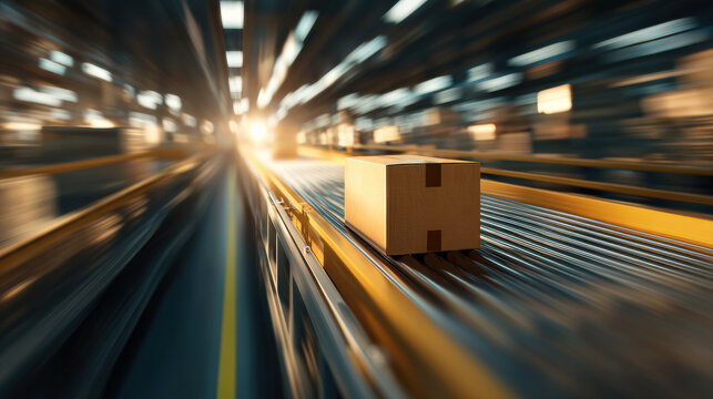 Cardboard box moves swiftly on conveyor belt in warehouse, with dynamic motion blur effect suggesting speed and efficiency in logistics and delivery systems