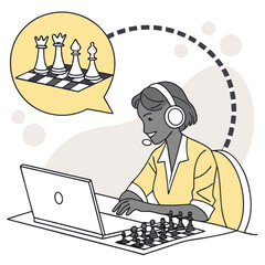 Woman playing online chess digital game learning and strategy
