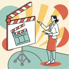 Woman presenting with clapperboard graphic