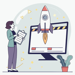 Woman reviewing checklist rocket launching from computer screen startup concept