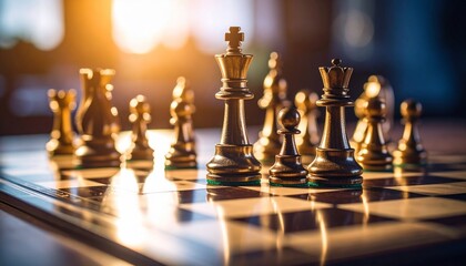 Golden Chess Pieces on a Board: Strategy, Competition, and Victory