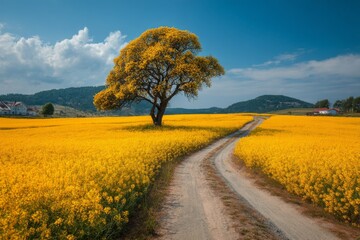 Naklejka premium Vibrant Yellow Flowering Field with Rural Path and Distant Houses Under a Blue Sky