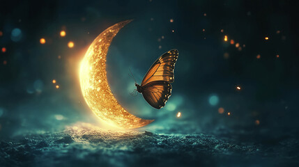 Butterfly on moon crescent night sky dreamy magical fantasy art wallpaper background desktop hd beautiful