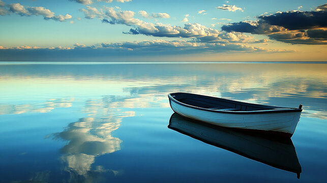 Tranquil boat on calm water scenic landscape serene reflection peaceful sky horizon seascape photography