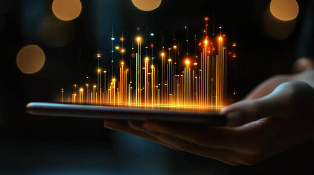 Digital technology data analysis on mobile phone with glowing light bars and hand holding phone screen