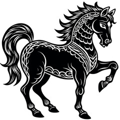 Black decorative horse illustration featuring intricate patterns and a dynamic pose, showcasing artistry and craftsmanship Generative AI