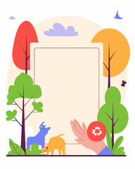 Abstract collage of animals, trees, and recycling symbols in pastel style, promoting conservation.