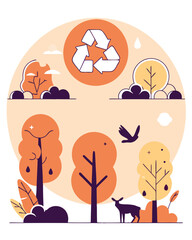 Abstract collage of animals, trees, and recycling symbols in pastel style, promoting conservation.