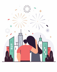 City skyline under pastel fireworks, evoking celebration and festivity.