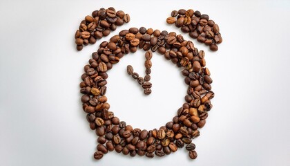 coffee beans arranged in the shape of the alarm clock  on a white background