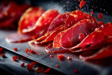 Thinly Sliced Dry-Cured Meat Arrangement with Sprinkling Garnish on Metal Platter