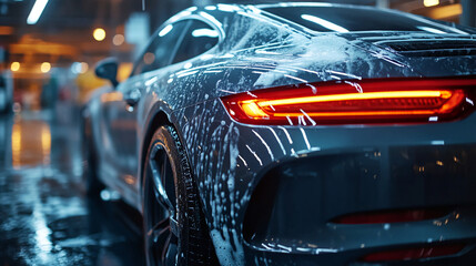 Car wash service detailing and cleaning for luxury vehicles and auto care maintenance in a garage setting