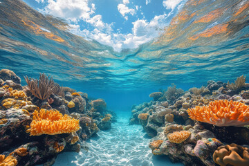Coral reef in the ocean under a blue sky.