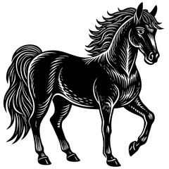 Elegant black horse with flowing mane in dynamic pose showcasing strength and grace in a bold illustration Generative AI