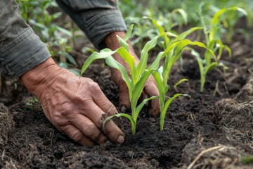 Hands planting young corn seedlings in dark earth ground for agricultural production