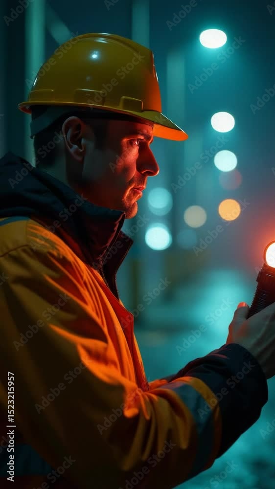 Poster a worker in a hard hat holds his cell phone, likely taking a call or checking messages