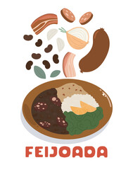 Feijoada ingredients vector for menu design. Traditional brazilian stew with black beans illustration.