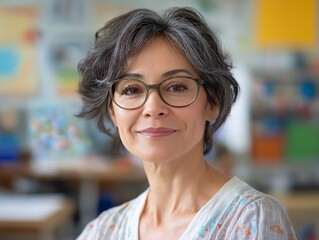 Middle-Aged Woman Teacher Smiling in Academic Art Studio Professional, Creative, Engaged