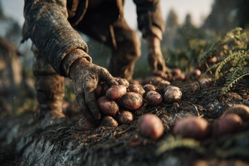 Hands Gathering Freshly Harvested Potatoes in a Rural Field
