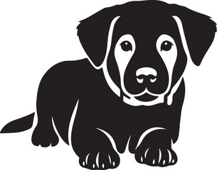 Puppy lying down black white silhouette, Resting baby dog cute pet illustration