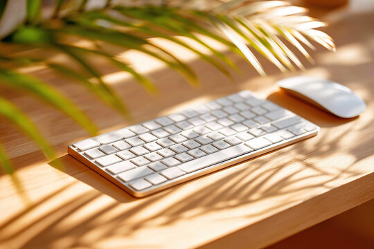Wireless keyboard and mouse on desk with natural light and plant shadows
