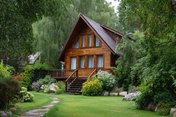 Rustic log cabin nestled among tall trees with a stone pathway leading to the entrance of the house