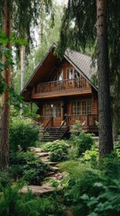 Rustic log cabin nestled among tall trees with a stone pathway leading to the entrance of the house