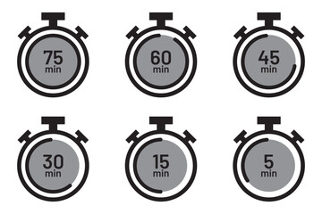 Timer watch icon set simple design. Stopwatch, timer icons set. Speed ​​measurements, countdown from 5, 10, 15, 20, 25, 30, 35, 40, 45, 50, 55 and 60 minutes. stopwatch isolated set .
